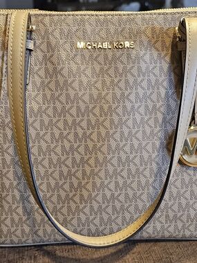 Michael Kors Beige Taupe Monogram Tote with Gold Logo